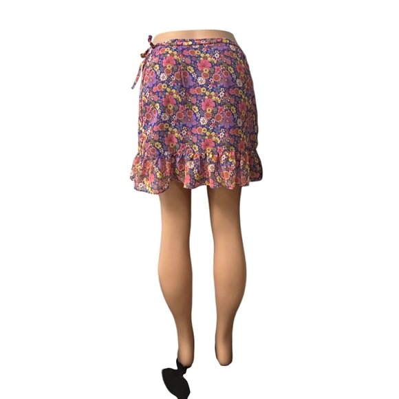 Topshop Floral Wrap Mini Skirt With Ruffle Hem, Purple/Multicolor, Sz. 6 - Picture 3 of 11